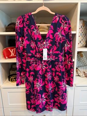 Lilly Pulitzer Navy and Bright Pink Floral Wrap Dress